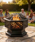 Family enjoying Hexagon 28 Inch Wood Burning Fire Pit With Spark Screen And Poker For Outdoor Fun In The Backyard