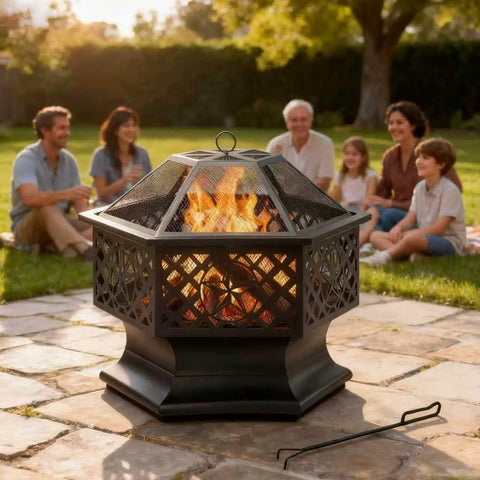 Family enjoying Hexagon 28 Inch Wood Burning Fire Pit With Spark Screen And Poker For Outdoor Fun In The Backyard
