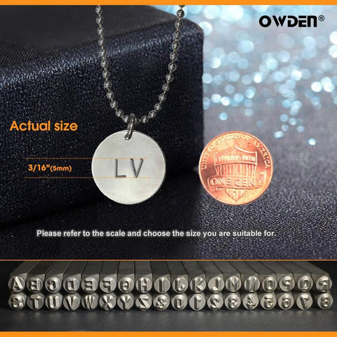 OWDEN Professional 36-piece steel stamp set, 3/16 inch (5mm) for jewelry stamping; front view shows LV pendant and alphabet stamps