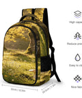 Mossy Forest Mushroom Printed Unisex Backpack Large Capacity Durable Polyester Daypack with nature print, size details shown.