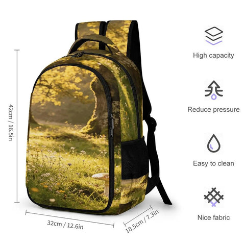 Mossy Forest Mushroom Printed Unisex Backpack Large Capacity Durable Polyester Daypack with nature print, size details shown.