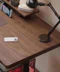 Straight Up Solid Wood Electric Standing Desk With Drawers, Adjustable Height Workbench For Home Office And Gaming Setup, Reliable Motorized Lift Table Built To Last with lamp and phone.
