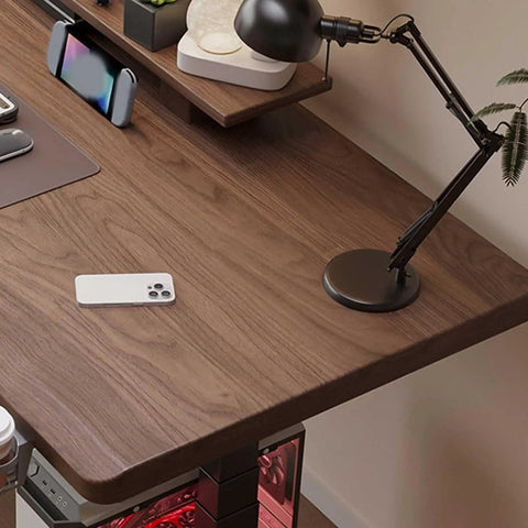 Straight Up Solid Wood Electric Standing Desk With Drawers, Adjustable Height Workbench For Home Office And Gaming Setup, Reliable Motorized Lift Table Built To Last with lamp and phone.