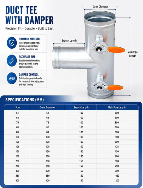 Top Shelf Three Way Stainless Steel Air Duct Damper Valve With Plug And Play Ventilation Flow Control For Any Garage Shop Project Demanding Sick Airflow Performance specifications chart with dimensions.