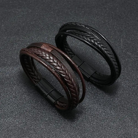Fresh Brown Braided Leather Bracelet For Men And Women Unisex Premium PU Leather Wristband Jewelry on black background.