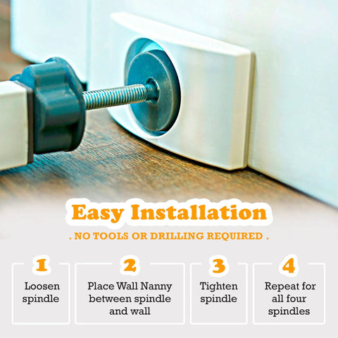 Wall Guard For Baby Gates And Pet Gates Made In USA Indoor Kid Safe Wall Protector For Pressure Mounted Gates Keeps Walls From Scratches And Dings White Finish shown in easy installation steps.