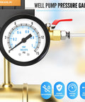 Close-up of Well Pump Pressure Gauge 0 To 15 Psi, 1 Quarter In NPT, 2 In Dial, Center Back Mount, installed on a brass fitting.