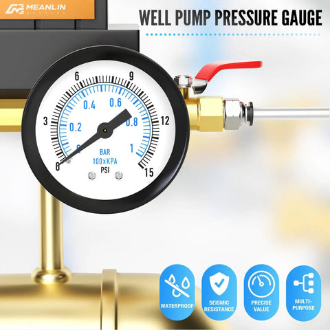 Close-up of Well Pump Pressure Gauge 0 To 15 Psi, 1 Quarter In NPT, 2 In Dial, Center Back Mount, installed on a brass fitting.