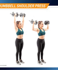 Woman using Standard Size Curl Bar And Dumbbell Handle Set With A 47 Inch Bar And 14 Inch Handles For 1 Inch Plates Heavy Duty