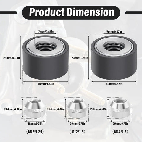 Universal Wheel Stud Installer Kit for Cars and Light Trucks Fits M12x1.25 M12x1.5 M14x1.5 Studs Product Dimension Diagram
