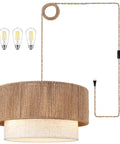 18 Inch Plug In Rattan Pendant Light With Premium Linen Shade Boho Ceiling Chandelier Hella Stylish Hanging Lamp Rustic Vibe For Dining Rooms Living Spaces with braided cord and LEDs