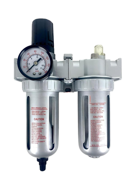 Front view of Mid Flow Heavy Duty Air Control Unit With Auto Drain For Compressors Moisture Filter Regulator Oiler Separator Lubricator Combo