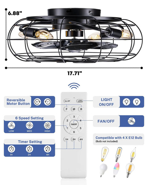 18-Inch Caged Flush Mount Ceiling Fan With Lights And Remote showing size, remote control features, compatible bulbs.