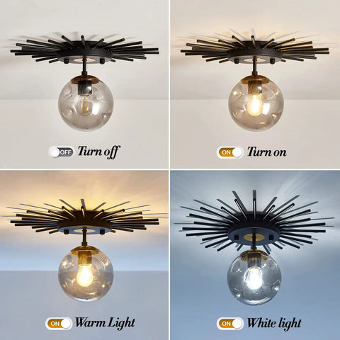 Sleek Black Flush Mount Ceiling Light With Glass Globe Sputnik Starburst 1 Light in Off, On, Warm, and White Light settings