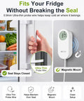 Stay On Top Of Fridge Temps With This WiFi Refrigerator Thermometer Featuring Freezer Alarm, App Alerts, Email And Buzz Notifications, Power Outage Alert, 168 Hour Data Recall, Two Sensors With An Ultra Flat Probe For Home Kitchen Monitoring. white WiFi fridge thermometer with magnetic mount and 0.9mm probe on refrigerator door