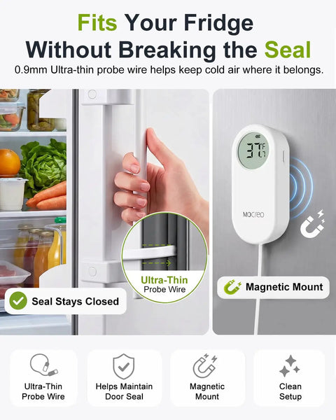 Stay On Top Of Fridge Temps With This WiFi Refrigerator Thermometer Featuring Freezer Alarm, App Alerts, Email And Buzz Notifications, Power Outage Alert, 168 Hour Data Recall, Two Sensors With An Ultra Flat Probe For Home Kitchen Monitoring. white WiFi fridge thermometer with magnetic mount and 0.9mm probe on refrigerator door