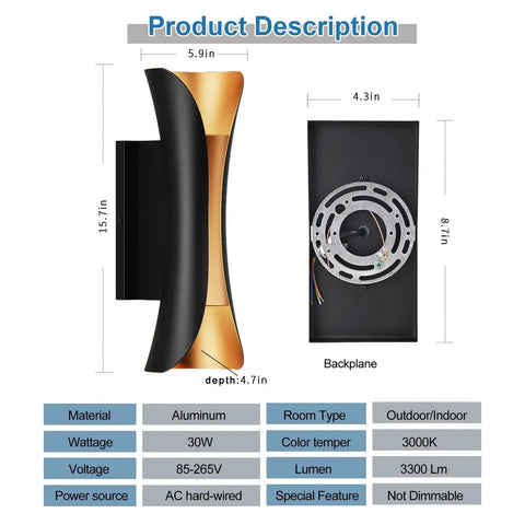 Outdoor Wall Light LED 30W Black Gold Aluminum Waterproof Exterior Fixture 3000K Warm Up Down Porch Sconce dimensions