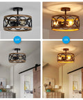 Three Light Farmhouse Ceiling Light With Rustic Black And Wood Grain Finish, modern drum semi-flush mount, lit and unlit view.