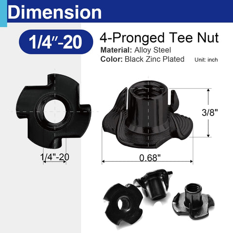 100 Pack 1/4-20 T Nuts for Wood, Black Carbon Steel 4 Prong Tee Nuts for Furniture, Cabinets, and Rock Climbing Holds