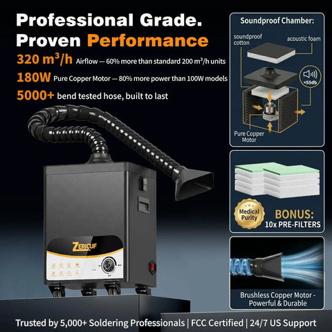 Beefed Up Solder Fume Extractor With 180W Motor And 320 m3 Per Hour Airflow showing soundproof chamber and prefilters.