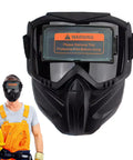 Top Shelf Auto Darkening Welding Helmet Full Face Arc Flash Shield Rig With Giant Anti Glare Lens Heavy Duty Uv And I R Filter Solid Eye Safety Kit Built For Real Pros And DIY Bosses On The Job Site, black helmet with protective film.