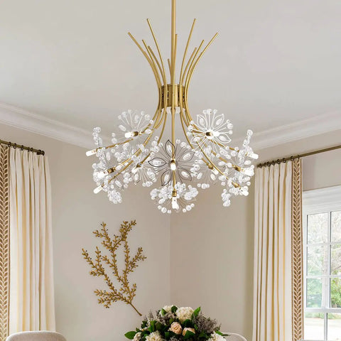 Glam Gold 13 Bulb LED Pendant Light Chandelier With Crystal Flower Shade in living room, Art Deco ceiling fixture