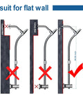 Compatibility guide showing Rotatable Dual Shower Head With Handheld Combo for flat wall installation, not for concrete or convex walls.