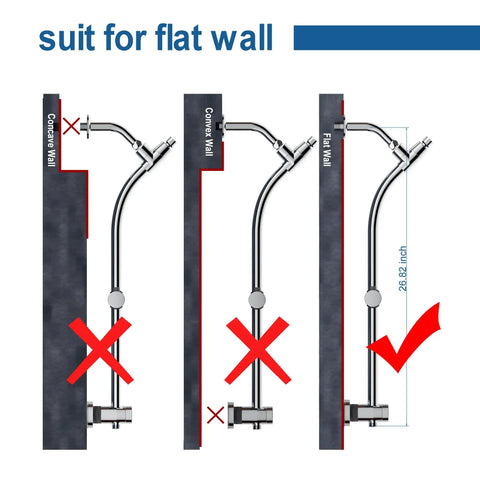 Compatibility guide showing Rotatable Dual Shower Head With Handheld Combo for flat wall installation, not for concrete or convex walls.