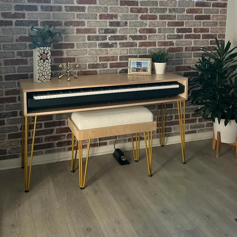 Piano bench with 34 Inch Hairpin Table Legs Set With 0.5 Inch Diameter Three Rods, Heavy Duty Gold Metal Furniture Legs For Coffee Table And Patio Bench, Floor Protectors, Ideal For DIYers Makeovers, 4 Pack.