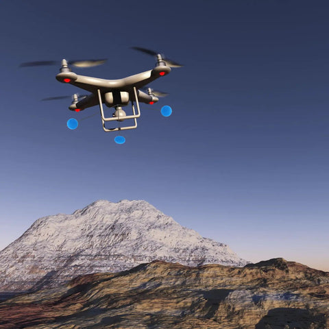 Flying drone in mountain landscape, not Three Set RC Helicopter Training Gear Kit With Blue Frame And Sponge Ball Practice Balls.