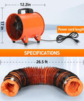 12 Inch Industrial Blower Fan High Powered 3200 CFM Portable Exhaust Fan with 27 Foot Flexible Hose and 15 Foot Cable for Dust Removal