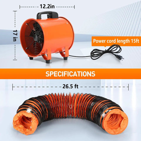 12 Inch Industrial Blower Fan High Powered 3200 CFM Portable Exhaust Fan with 27 Foot Flexible Hose and 15 Foot Cable for Dust Removal