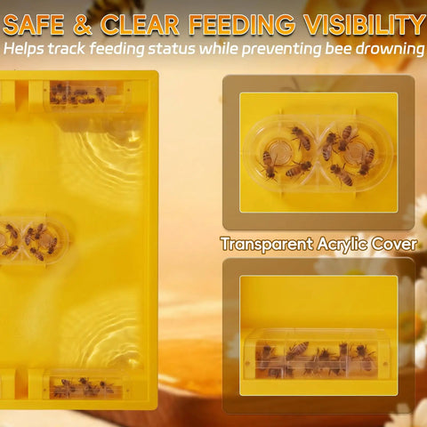 Two Pack 10 Frame Beehive Top Feeder For Langstroth Hives in yellow showing bee feeding in acrylic channels