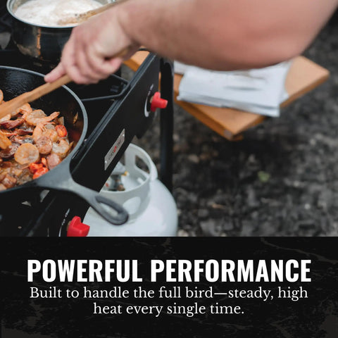 Propane Double Burner Camp Stove For Outdoor Cooking With Two Burners High Heat Adjustable PSI Regulator simmering food