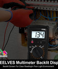 Pocket Digital Multimeter With Backlit LCD Display And Test Leads All In One Voltage Meter For AC DC Voltage Ohm Amp Diode And Current Measurement Perfect For DIYers And Tech Nerds in use by technician