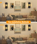 Industrial Black Wall Sconces Set Of 2 in living room, two installation methods illustrated with farmhouse style decor.