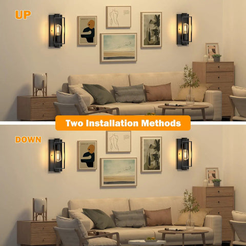 Industrial Black Wall Sconces Set Of 2 in living room, two installation methods illustrated with farmhouse style decor.