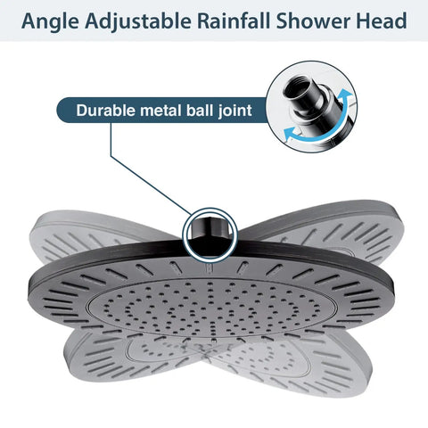 Spa Quality 9 Inch Rain Shower Head Delivers High Pressure Waterfall Spray, Adjustable Angle view with metal ball joint