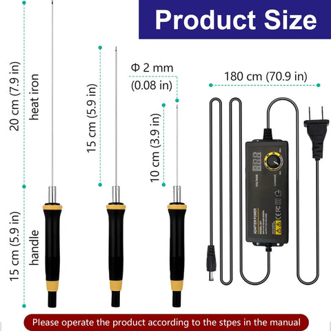 3 In 1 Hot Wire Foam Cutter Kit with Digital Voltage Controller showing 4 inch, 6 inch, and 8 inch cutting pens and power adapter.
