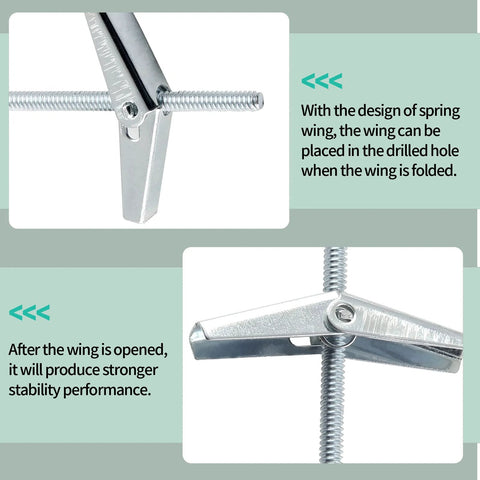 10Pcs 1 Eighth By 2 Inch Round Head Toggle Bolts With Wing Nuts For Drywall And Wood Hanging, shown folded and unfolded for stability.