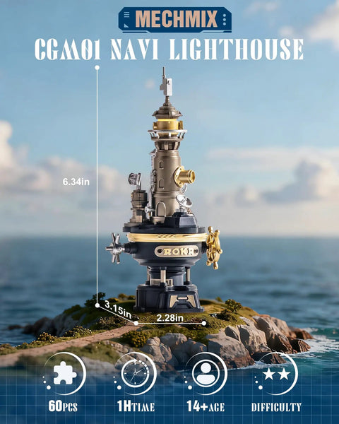 Navi Lighthouse Mechanical 3D Puzzle Lighted DIY Building Set For Adults Desk Decor And Gift Ideas displayed on rocky shore.