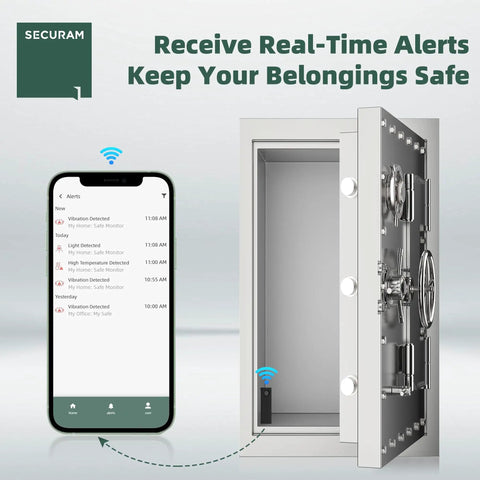 Smart All In One Gun Safe Security Monitor With Laser Door Alarm And Real Time Temperature Humidity And Vibration Tracking For Safe Box And Cabinet Storage Real Time Alerts And Easy Remote Monitoring, app alerts on phone