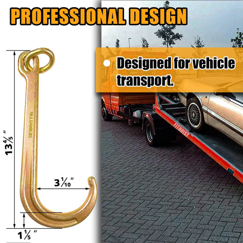 2 Pack 15 Inch J Hooks With Coupling Link For Tow And Recovery Yellow Zinc Plated J Hook and vehicle on trailer