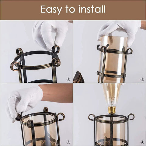 Installation of Outdoor Wall Lanterns 2 Pack Industrial Rustic Porch Light with golden bronze frame and amber glass shade.