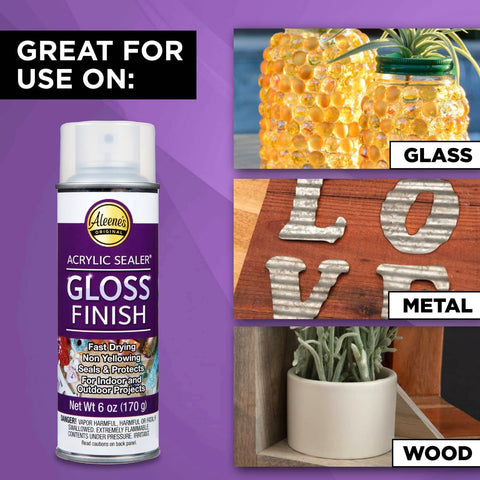 Spray Gloss Finish Acrylic Sealer 6 Oz Clear Coat For DIY Indoor And Outdoor Projects with examples on glass, metal, and wood