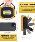 Rechargeable COB LED Work Light Set Of 2 With 30W 2000LM Portable Cordless Waterproof Design 3 Modes High Low Strobe showing size and features