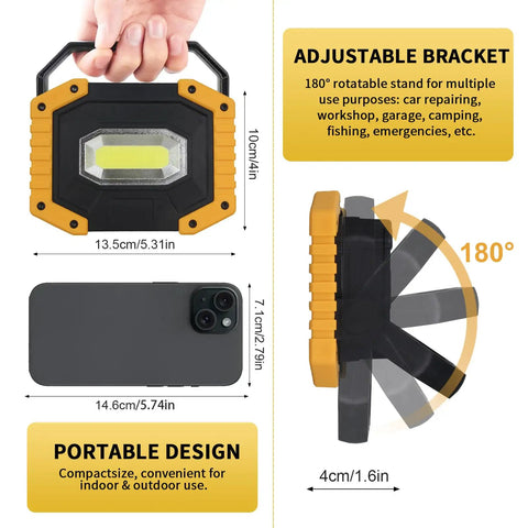 Rechargeable COB LED Work Light Set Of 2 With 30W 2000LM Portable Cordless Waterproof Design 3 Modes High Low Strobe showing size and features