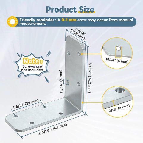 Product size dimensions for Heavy Duty L Brackets For Wood Framing Rugged Galvanized Cold Rolled Steel Angle Corner Braces Pro Grade Diy Shelf Support Hardware Kit 4 Pack.