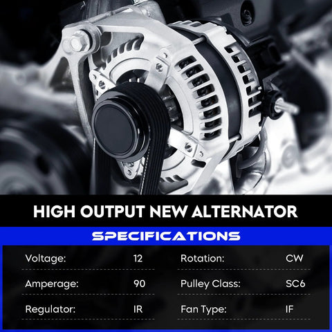 Close-up of 90 Amp 12V New Alternator For Mazda 6 2.3L 2003 2004 2005 Plug-And-Play Direct Fit Replacement With 6 Groove Pulley