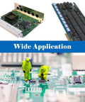 Close-up of engineers working on a PCB with electronic components highlighting versatility of Double Sided Prototype PCB Board Kit For Maker-Friendly DIY Electronics Projects With 40 Pin 2.54mm Headers, 2P And 3P Screw Terminal Blocks, Solder Wire, Right Angle Connectors, And Multiple Size Boards.